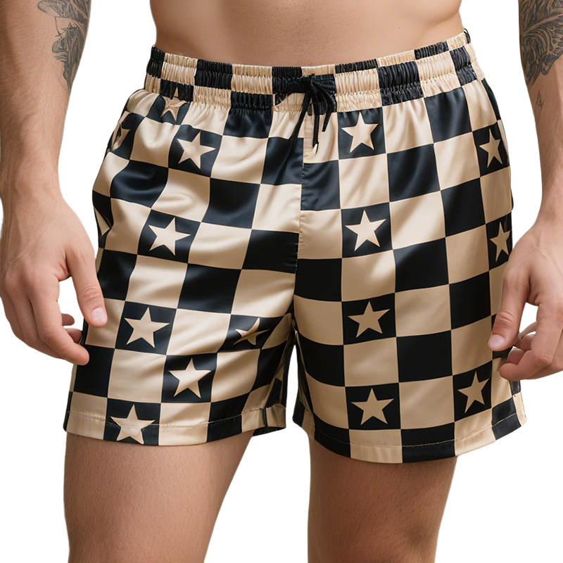 Men's Retro Checkerboard Star Colorblock Casual Print Satin Drawstring Shorts MTA1630E0TO
