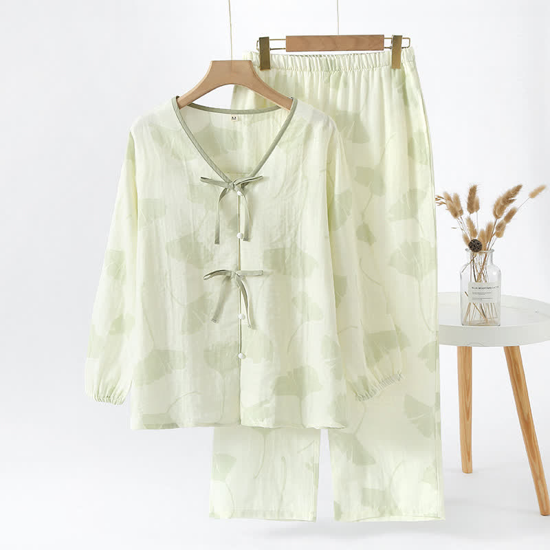 Davina - Ginkgo Leaf Bowknot Cotton Loungewear Set