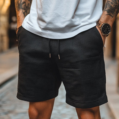 Men's Retro Casual Solid Waffle Drawstring Shorts MTA1633E1TO