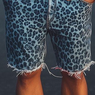 Men's Spring And Summer Fashion Retro Western Cowboy Style Washed Denim Leopard Print Loose Trousers Raw Edge Casual Shorts MTA1378E3K