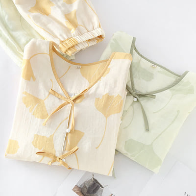 Davina - Ginkgo Leaf Bowknot Cotton Loungewear Set