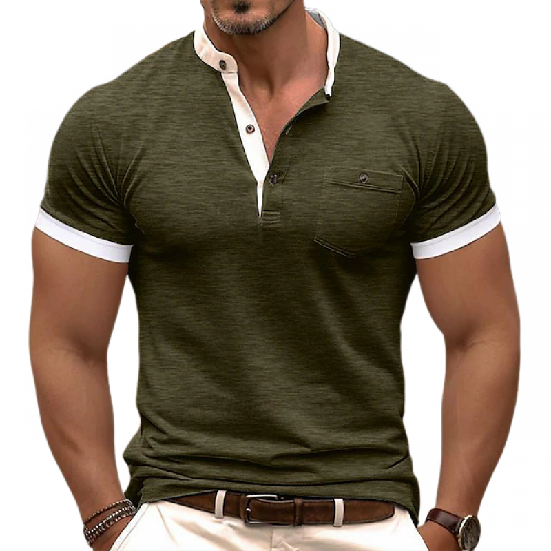 【24-hour shipping out】Men's Casual Colorblock Cotton Henley Collar Patch Pocket Slim Fit Short Sleeve T-Shirt MTA0647E5M