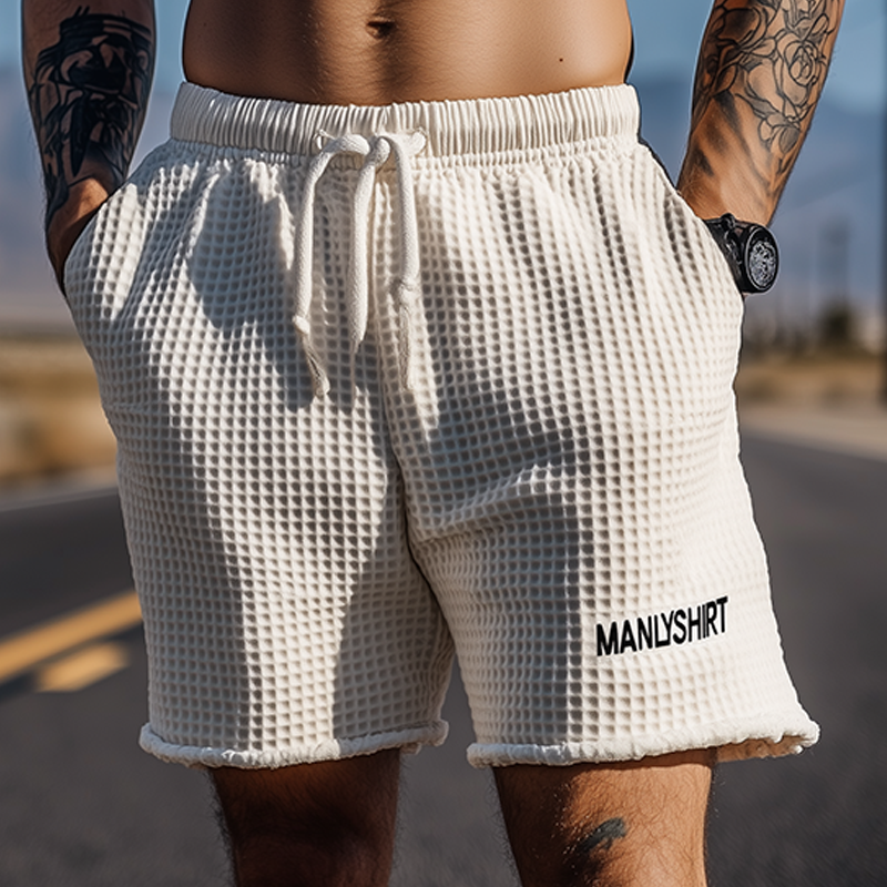 Men's Classic Casual Tough Style Waffle Letter Embroidery Elastic Waist Shorts MTA2481E8K