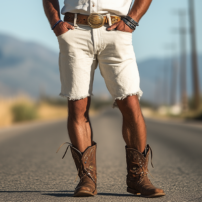 Men's Spring And Summer Fashion Casual Western Tough Style Washed Denim Raw Edge Shorts MTA1695E3K