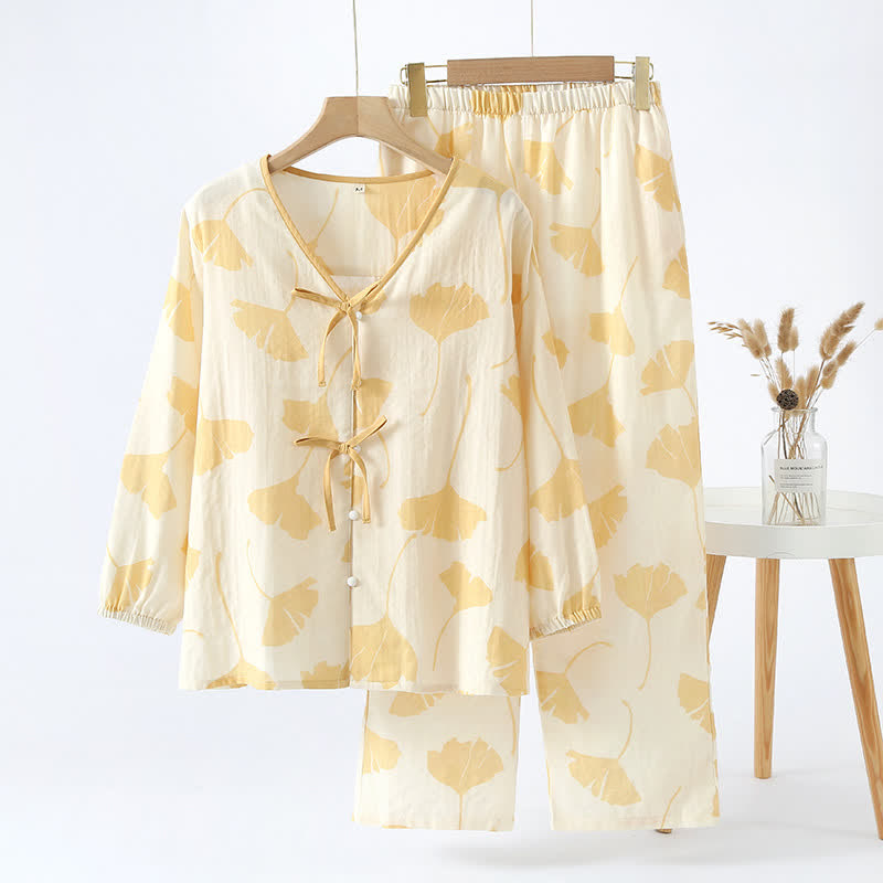 Davina - Ginkgo Leaf Bowknot Cotton Loungewear Set