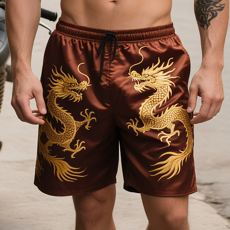 Men's Retro Mythology Dragon Colorblock Casual Print Satin Drawstring Shorts MTA1626E6TO