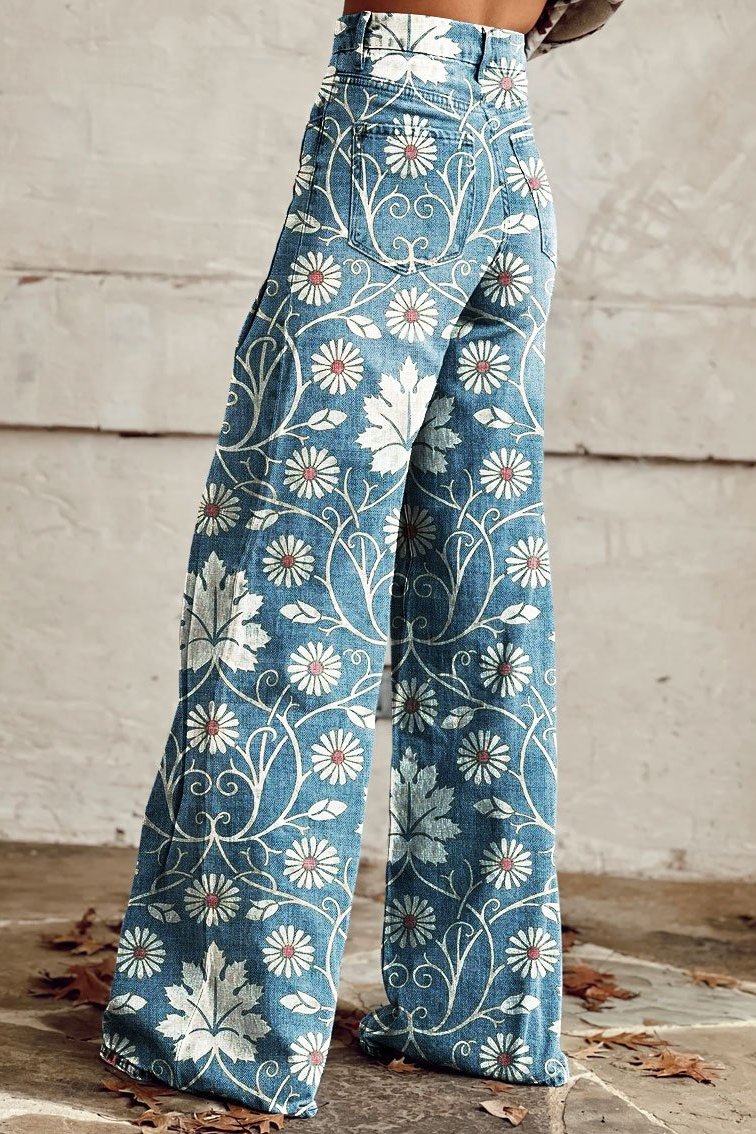 Élodie | Vintage Wide Leg Pants with Daisy Print