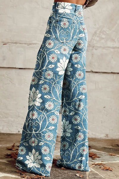 Élodie | Vintage Wide Leg Pants with Daisy Print