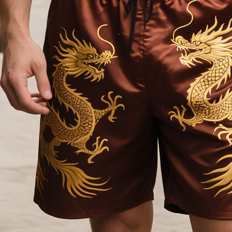 Men's Retro Mythology Dragon Colorblock Casual Print Satin Drawstring Shorts MTA1626E6TO