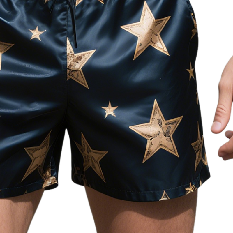 Men's Retro Star Colorblock Casual Print Satin Drawstring Shorts MTA1679E1TO