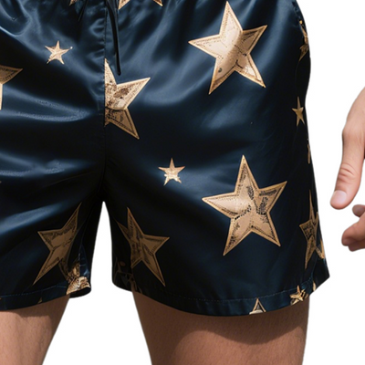 Men's Retro Star Colorblock Casual Print Satin Drawstring Shorts MTA1679E1TO