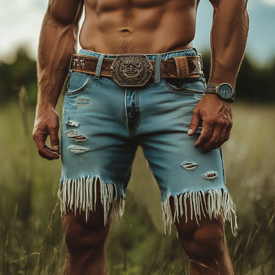 Men's Western Cowboy Style Ripped Tassel Denim Shorts MTA1247E2U