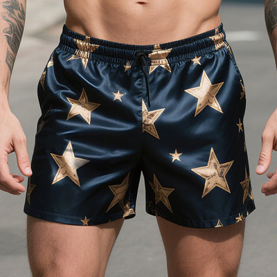 Men's Retro Star Colorblock Casual Print Satin Drawstring Shorts MTA1679E1TO