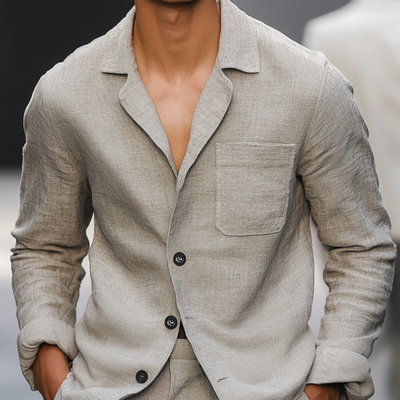 Men's Casual Breathable Linen Notched Lapel Patch Pocket Loose Long Sleeve Shirt MTA1221E0M