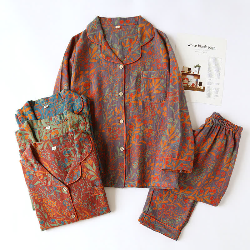 Maisie - Vintage Leaf Cotton Lapel Loungewear Set