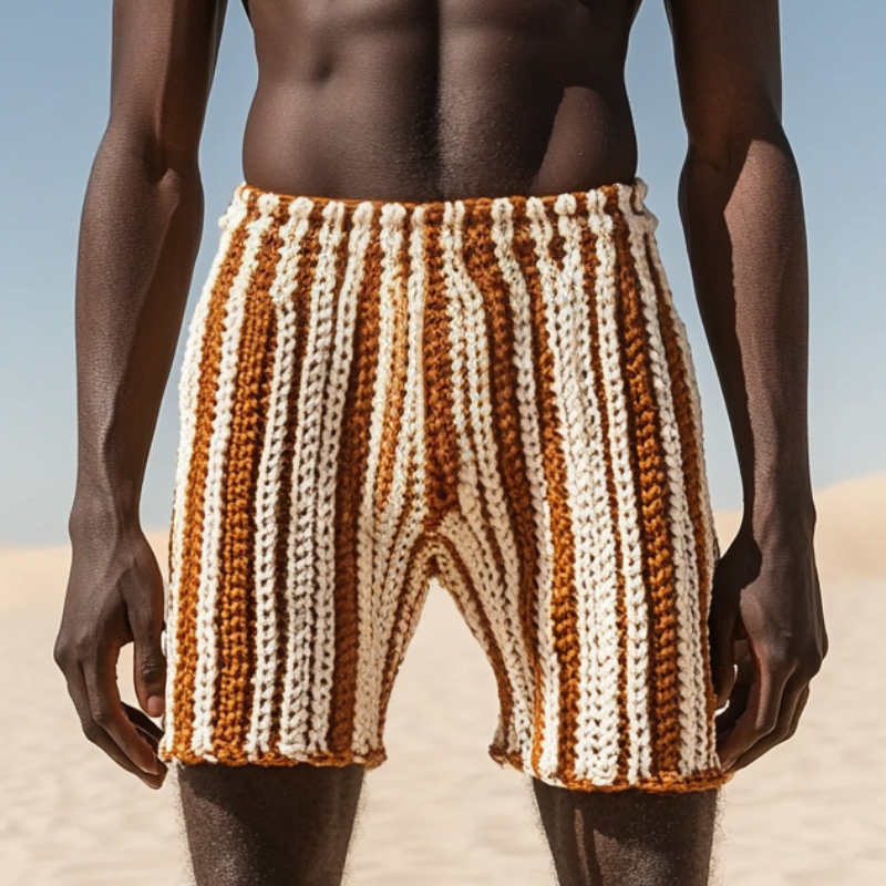 Men's Casual Contrast Color Striped Knitted Elastic Waist Shorts MTA1453D6M