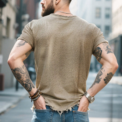 【24-hour shipping out】Men's Retro Casual Raw Edge Ripped Round Neck Short Sleeve T-Shirt MTA2587D5TO