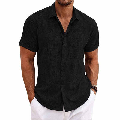 【24-hour shipping out】Men's Solid Color Lapel Cotton Linen Short Sleeve Shirt 82339241X