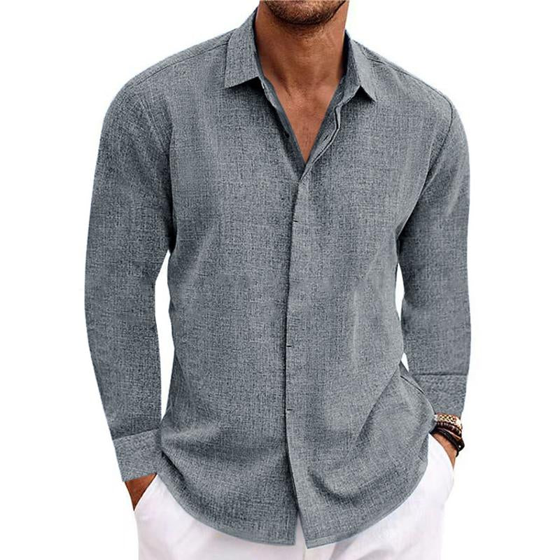 【24-hour shipping out】Men's Casual Solid Color Cotton Linen Lapel Slim Fit Long Sleeve Shirt 01703150M