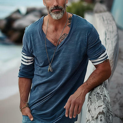 Men's Loose V-Neck Striped Patchwork Cotton Long-Sleeved T-Shirt 66090274Y