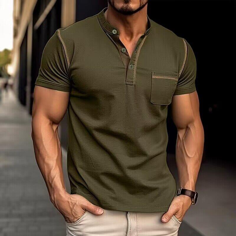 【24-hour shipping out】Men's Casual Colorblock Henley Collar Cotton Short Sleeve T-Shirt 53275107Y