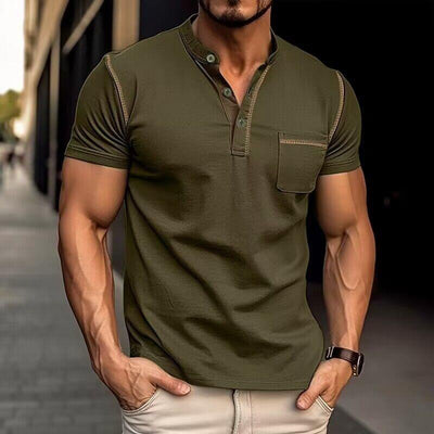 【24-hour shipping out】Men's Casual Colorblock Henley Collar Cotton Short Sleeve T-Shirt 53275107Y