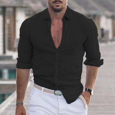 Men's Casual Solid Color Lapel Cotton Blend Long Sleeve Shirt 21280669Y