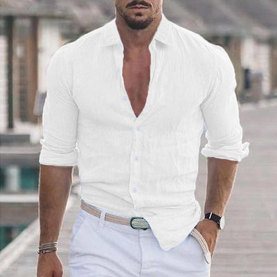 Men's Casual Solid Color Lapel Cotton Blend Long Sleeve Shirt 21280669Y