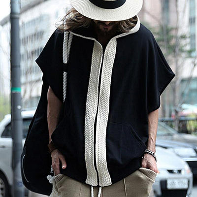 Men's Loose Color Block Hooded Short Sleeve Sweatshirt Jacket 83697432Y