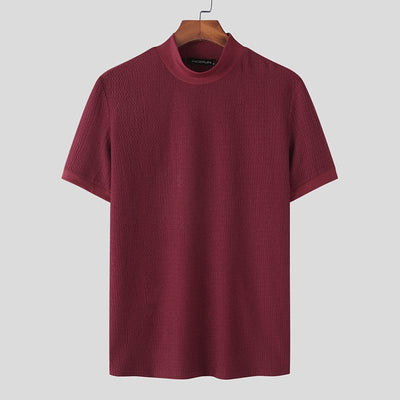 Men's Half Turtleneck Solid Color Tight Knitted Short-Sleeved T-Shirt 47280589Y