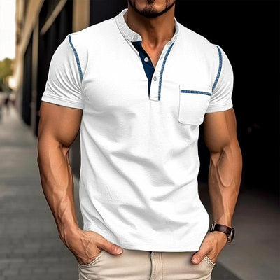 【24-hour shipping out】Men's Casual Colorblock Henley Collar Cotton Short Sleeve T-Shirt 53275107Y