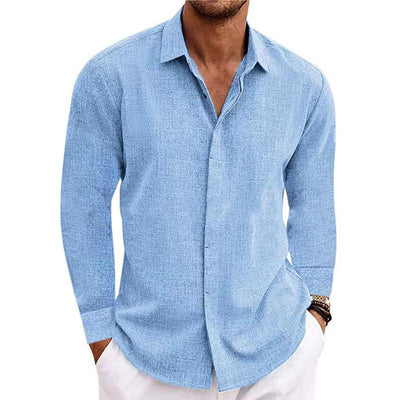 【24-hour shipping out】Men's Casual Solid Color Cotton Linen Lapel Slim Fit Long Sleeve Shirt 01703150M