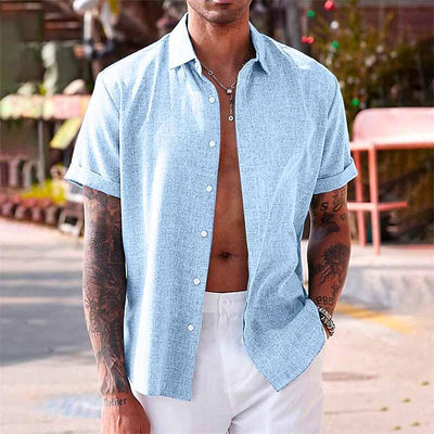 【24-hour shipping out】Men's Solid Color Lapel Cotton Linen Short Sleeve Shirt 82339241X