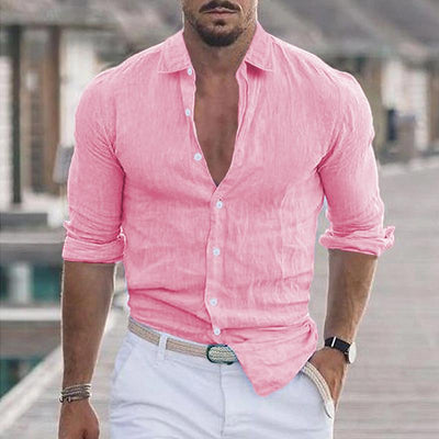 Men's Casual Solid Color Lapel Cotton Blend Long Sleeve Shirt 21280669Y