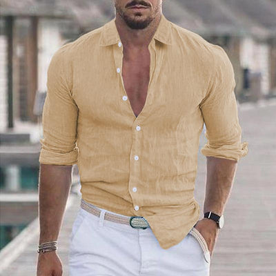 Men's Casual Solid Color Lapel Cotton Blend Long Sleeve Shirt 21280669Y