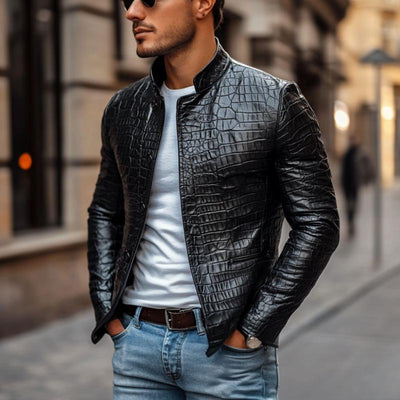 Men's Fashion Crocodile Leather Stand Collar Single Breasted Slim Fit Jacket 22007630M