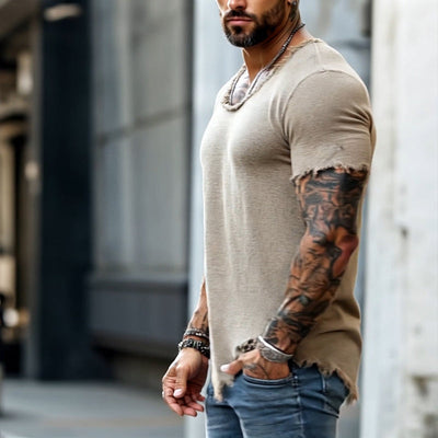 【24-hour shipping out】Men's Retro Casual Raw Edge Ripped Round Neck Short Sleeve T-Shirt MTA2587D5TO
